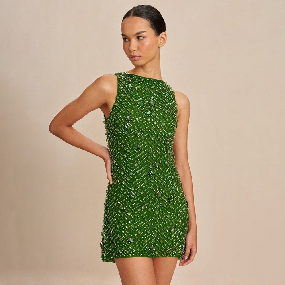 Women'S Formal Dinner Wear - Green Rhinestone Embroidery Sleeveless Women Mini