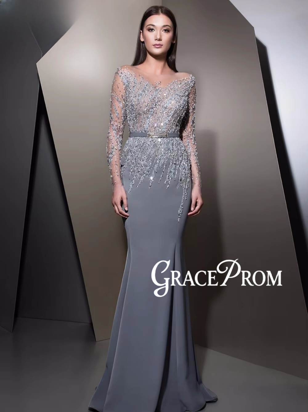 Women'S Formal Dinner Wear - GRACEPROM Illusion Long Sleeve Evening Dress