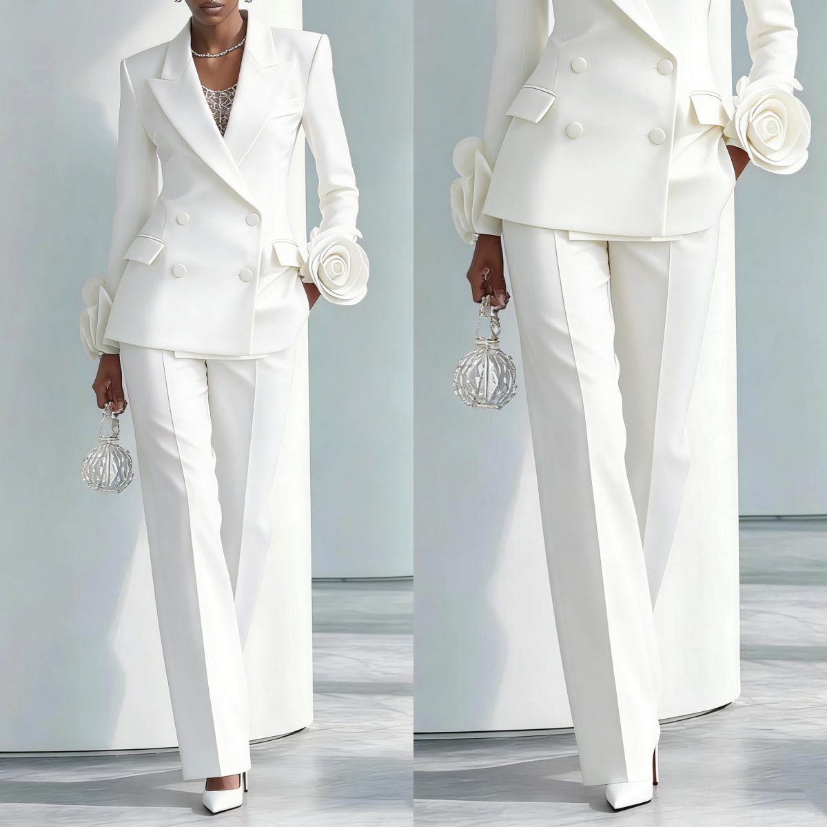 Women Formal Wear For Graduation - 2 Pieces White Flowers Women Pants