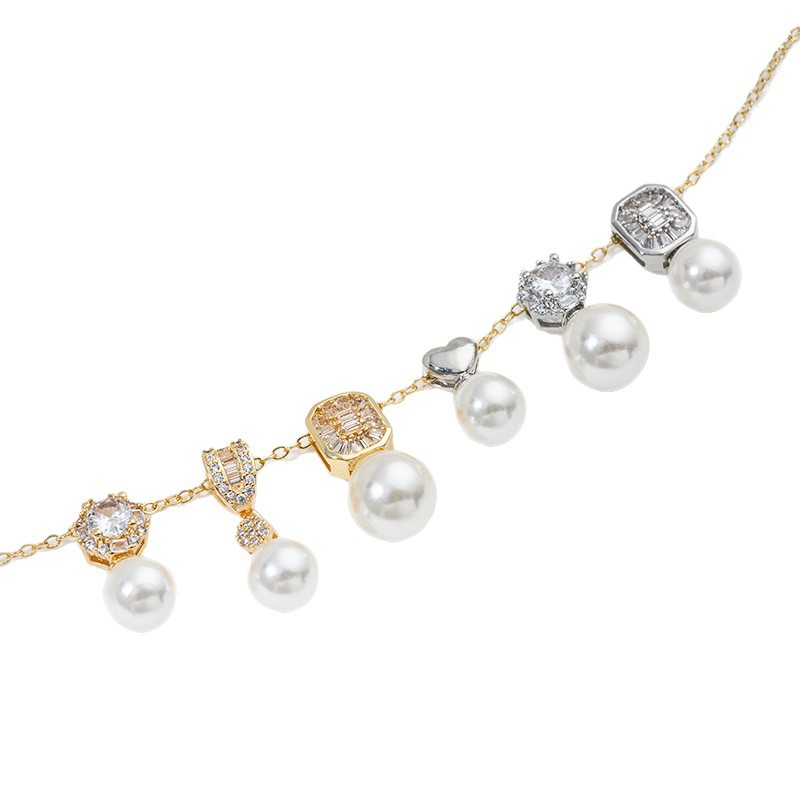 Pearl Necklace Set - 14K Gold Set Zircon Geometric Necklace