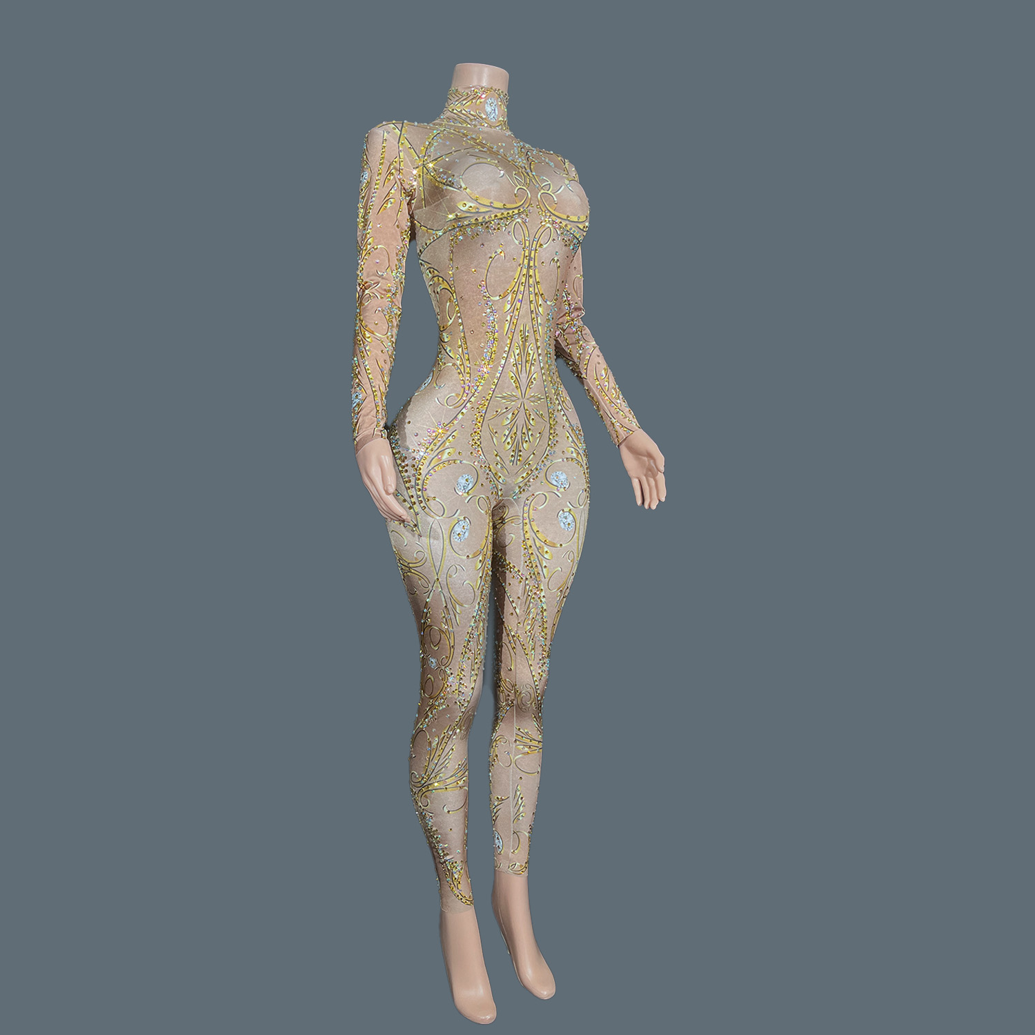 GOLD Rhinestones Spandex Bodyc - Women'S Formal Wear Jumpsuit 评论和价格