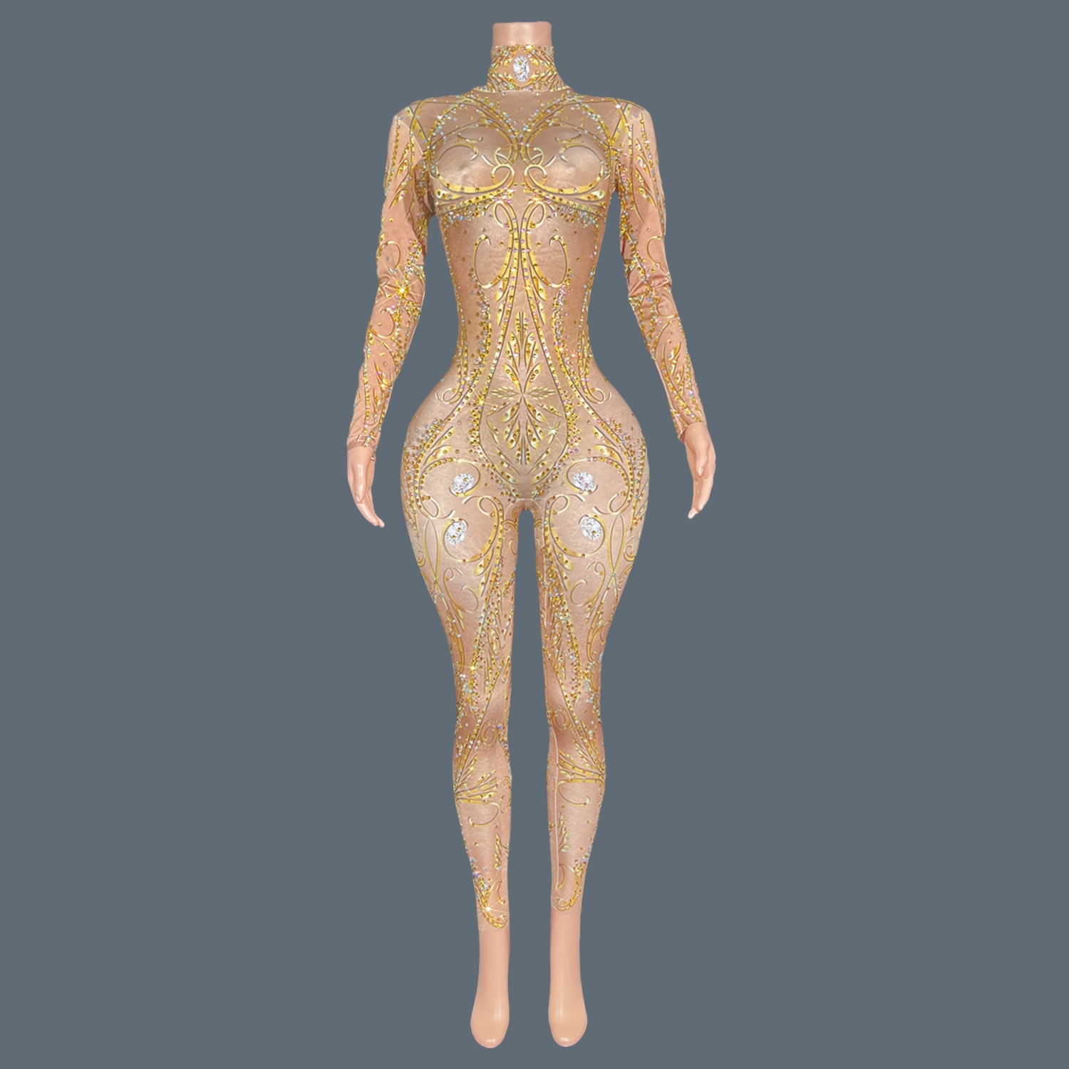 GOLD Rhinestones Spandex Bodyc - Women'S Formal Wear Jumpsuit 评论和价格