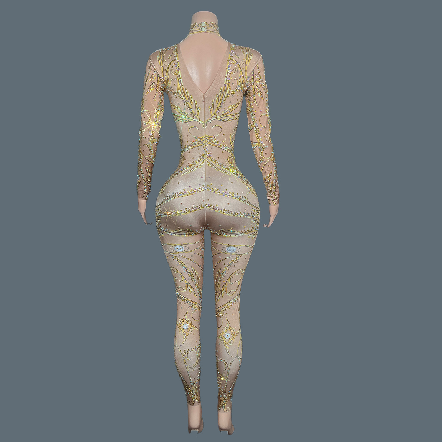 GOLD Rhinestones Spandex Bodyc - Women'S Formal Wear Jumpsuit 评论和价格